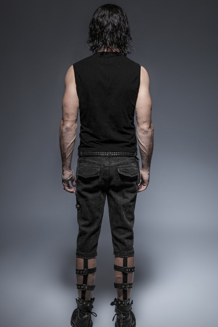 Black V-Neck Chest Leather Hasp Metal Rings Cross Lace-Up Men's Punk Vest