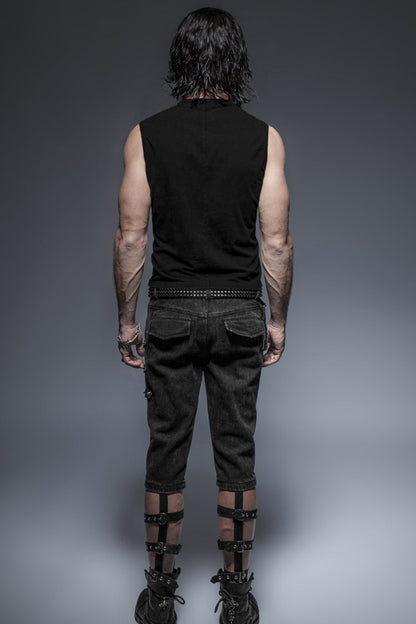 Black V-Neck Chest Leather Hasp Metal Rings Cross Lace-Up Men's Punk Vest