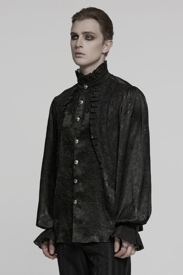Black Stand Collar Long Puff Sleeves Jacquard Ruffle Embroidery Men's Gothic Blouse