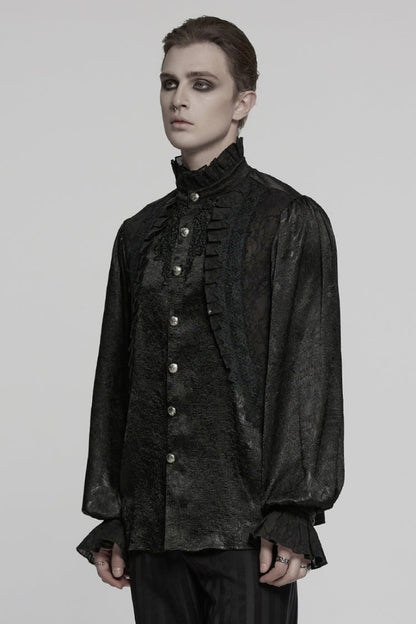 Black Stand Collar Long Puff Sleeves Jacquard Ruffle Embroidery Men's Gothic Blouse