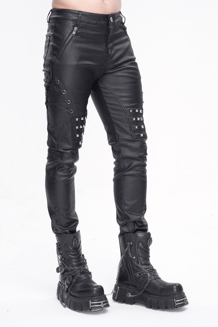 Black Studded Lace Up Leather Men's Punk Pants