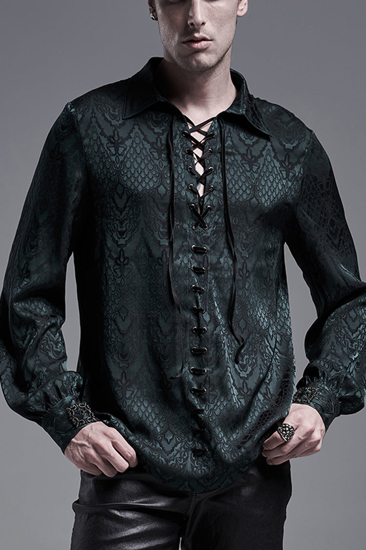 Jacquard Long Sleeve Front Metal Eyelets Lace Up Metal Carving Buckle Cuff Men's Gothic Shirt 3 Colors