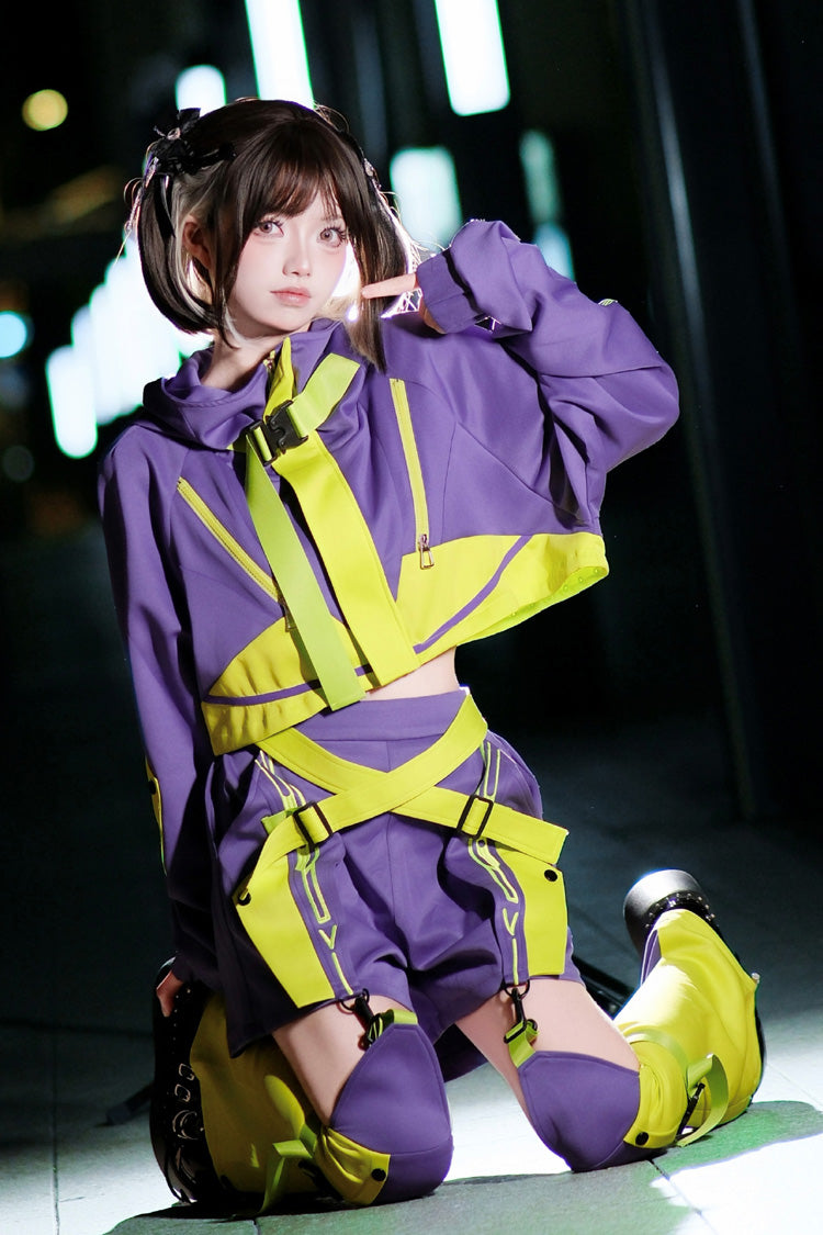 Neon Purple/Green [Zero-Type Transformation] Techwear Long Sleeves Embroidered Hooded Punk Jirai Kei Shorts Coat Set