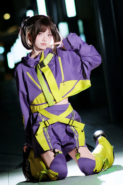 Neon Purple/Green [Zero-Type Transformation] Techwear Long Sleeves Embroidered Hooded Punk Jirai Kei Shorts Coat Set