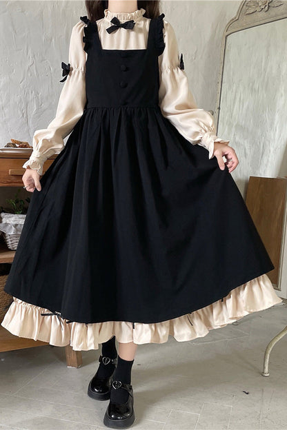 Black/Apricot Japanese Long Puff Sleeves Ruffle Bowknot Sweet Lolita Dress 2 Colors