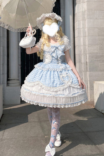 Blue [Tea Break Sweetheart] Short Sleeves Multi-Layered Plaid Print Ruffle Sweet Lolita Dress