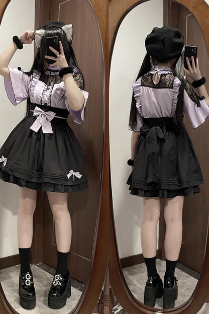 Magical Girl Short Sleeves Ruffle Embroidery Bowknot Lace Sweet Jirai Kei Lolita Set 4 Colors