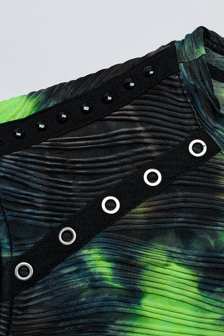 Black/Green Stand Collar Sleeveless Tie-dyed Men's Punk Vest