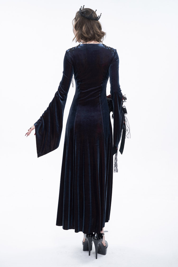 Black/Red Embroidered Fringe Flared Sleeve Long Women's Gothic Dress