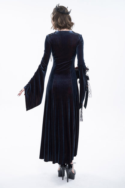 Black/Red Embroidered Fringe Flared Sleeve Long Women's Gothic Dress