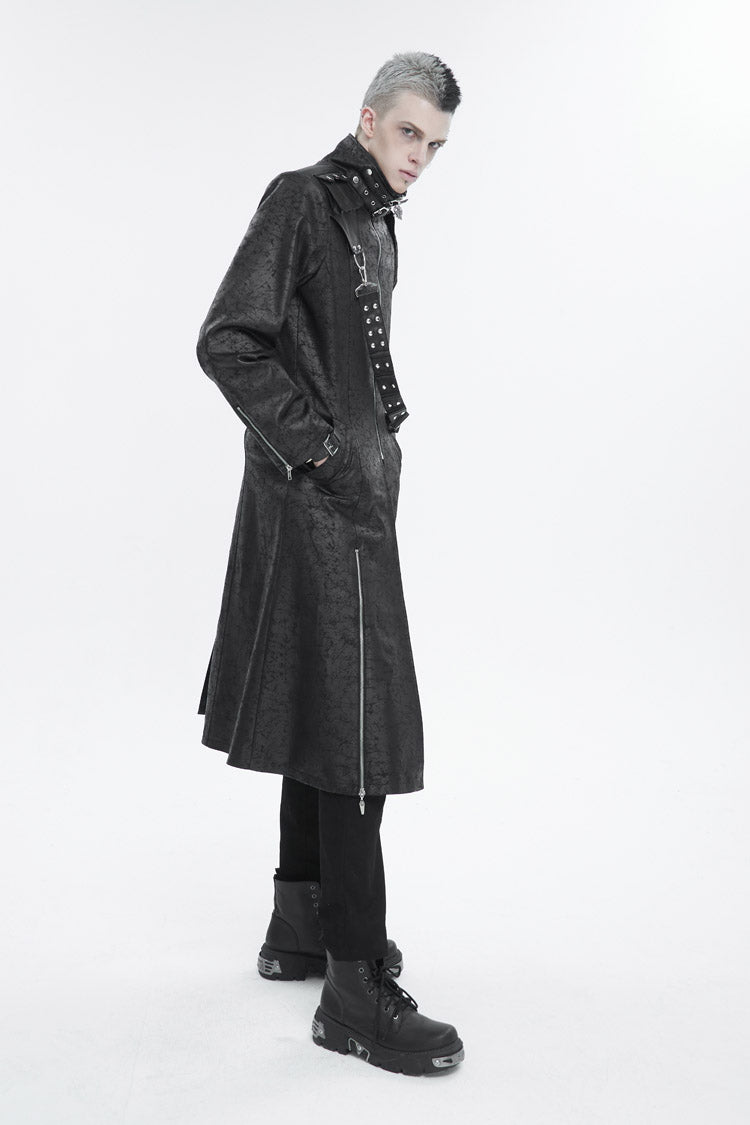 Black Stand Collar With Strap Split At The Hem Long Men's Gothic Coat