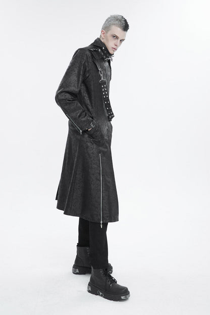 Black Stand Collar With Strap Split At The Hem Long Men's Gothic Coat