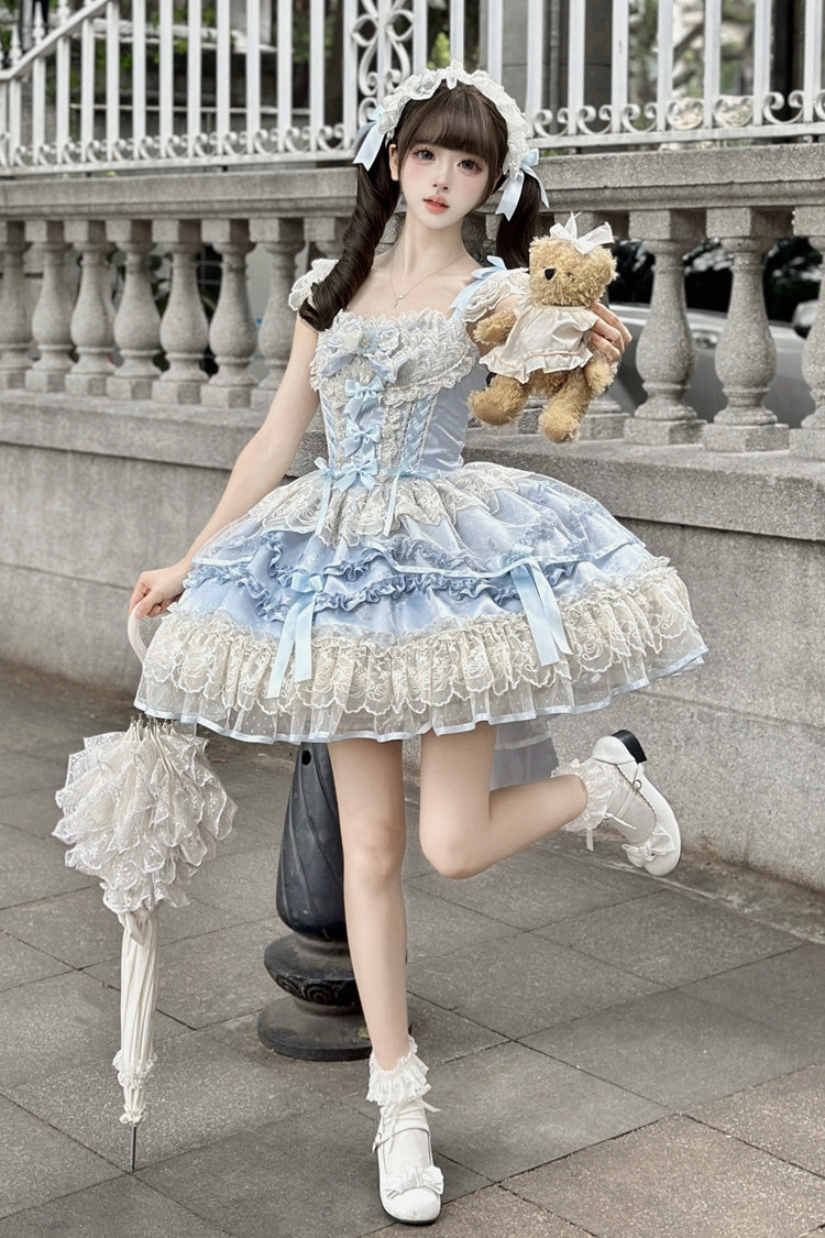 Blue [Dreaming Butterfly] Multi-Layered Jacquard Ruffle Bowknot Lace Sweet Princess Lolita Jsk Dress