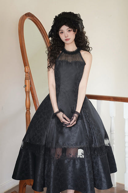 Black [Flowers in the Mist] Off Shoulder Halterneck Print Ruffle Gothic Elegant Lolita Dress