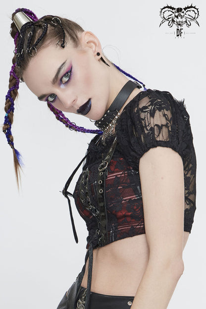 Black/Red Scottish Plaid Off Shoulder Bright Leather Straps Lace Up Lace Women's Punk T-Shirt
