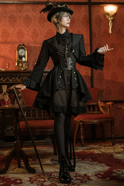 Black/Brown Single Breasted Long Sleeves Ruffled Striped Print Ouji Lolita Dress