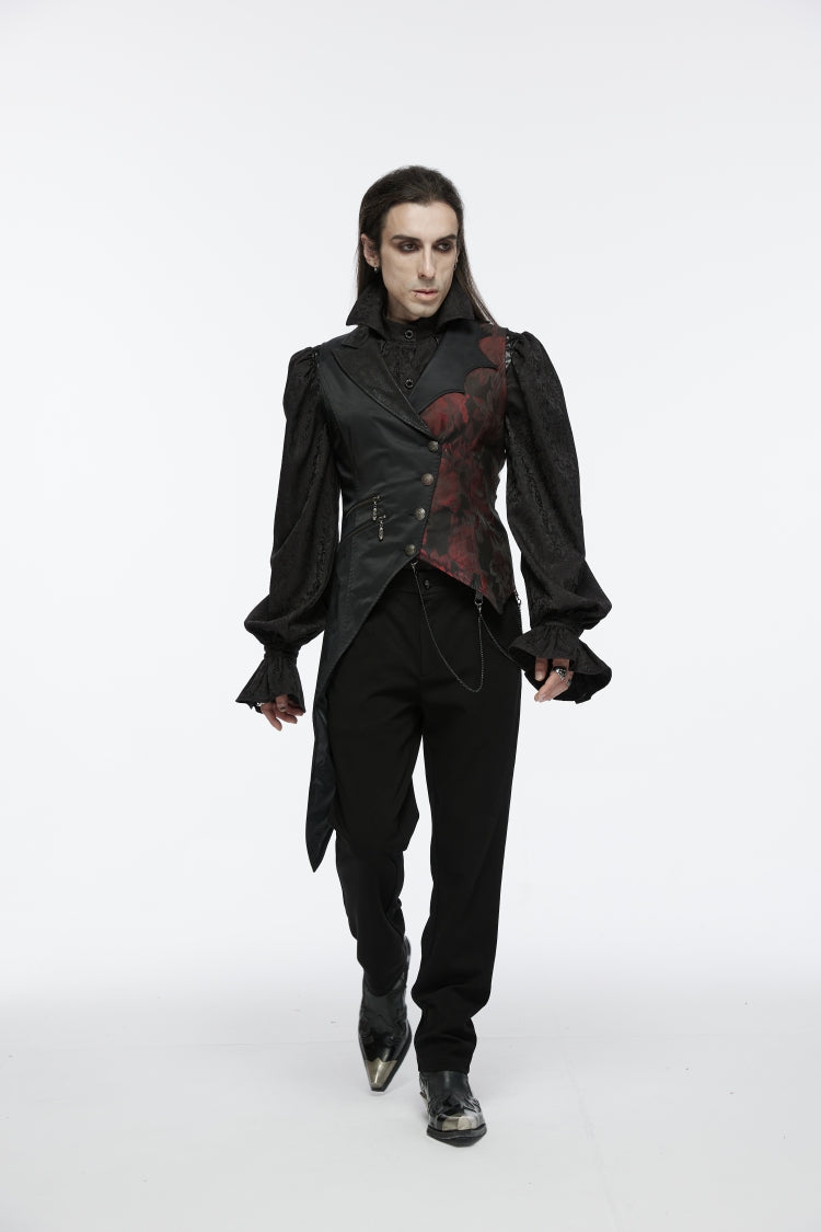 Black V Collar Sleeveless Embroidery Lace Asymmetric Men's Gothic Vest