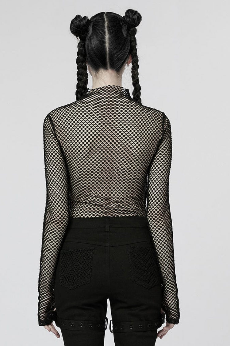 Perspective Mesh Elastic Ribbon Style Slim Sexy Punk Women's T-Shirt 3 Colors