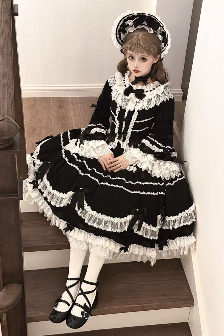 Black Round Collar Long Trumpet Sleeves Hanayome Bowknot Lace Daily Sweet Elegant Princess Lolita Dress