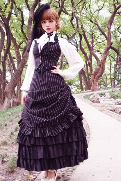 Black V Collar Stripe Print Classic College Style Elegant Lolita Vest