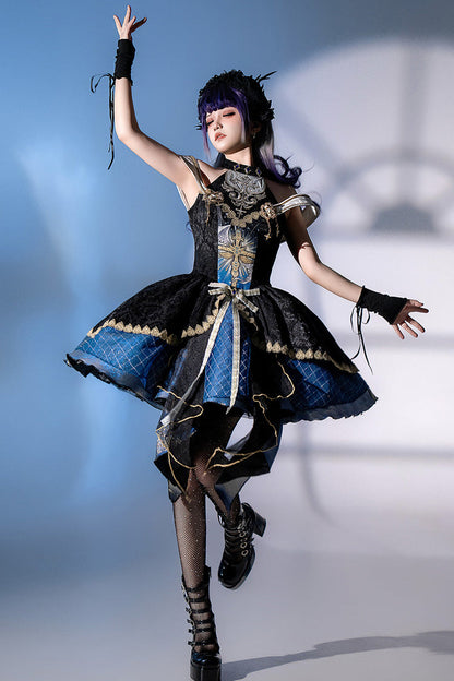 Black/Blue [Universe] Off Shoulder Halterneck Sleeveless Print Embroidery Cardigan Gothic Princess Lolita Dress
