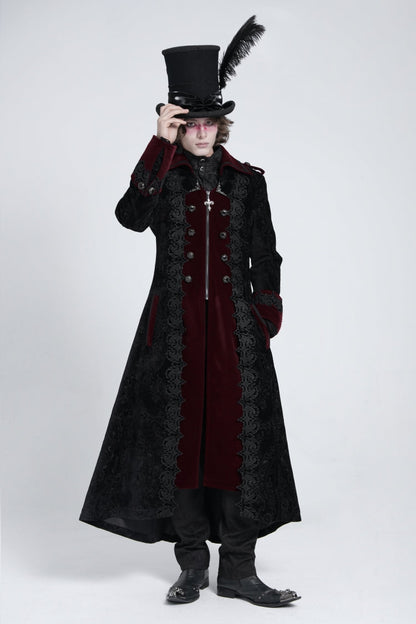 Black/Red Lapel Collar Embroidery Zipper Men's Gothic Handsome Coat