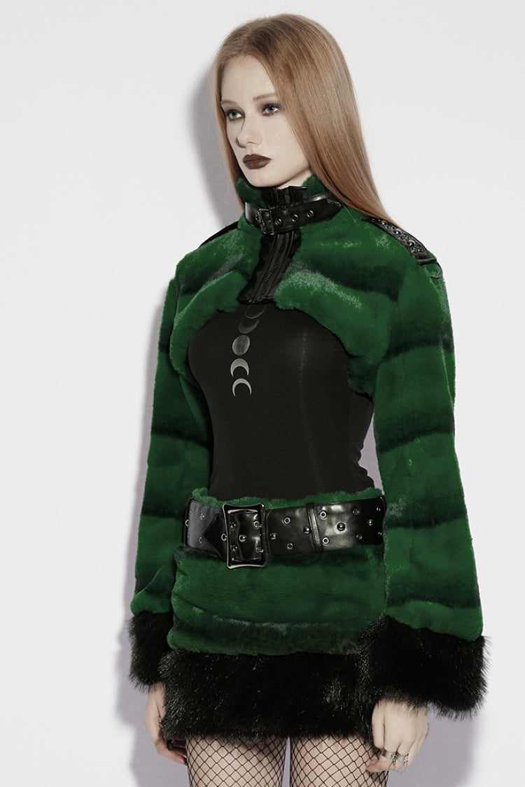 Green Stand Collar Long Sleeves Buckle Straps Faux Fur Women's Punk Short Cloak