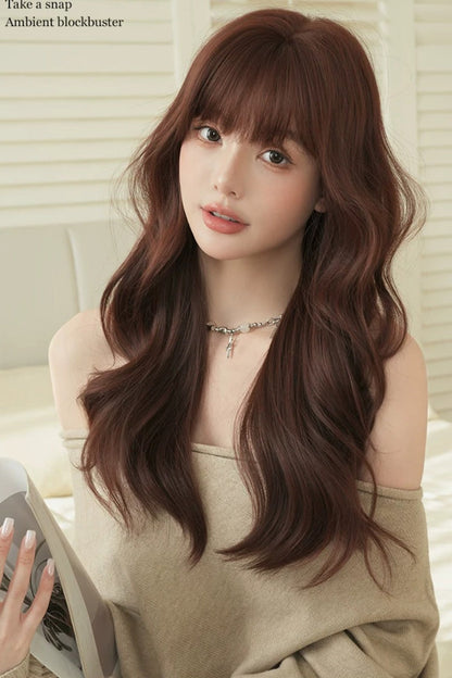 Dark Red Bean Paste Fluffy Natural Long Wavy Curls Sweet Daily Lolita Long Wig