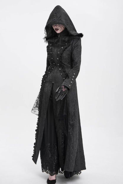 Black Stand Collar Long Sleeves Ruffle Hooded Women's Gothic Long Coat