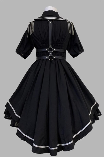 Black [Sunset Universe] Short Sleeves Cardigan Lace Gothic Military Handsome Lolita Dress Full Set