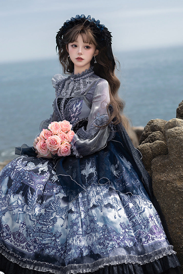 Blue [Angel Garden] Print Ruffle Bowknot Asymmetric Classic Elegant Lolita Jsk Dress
