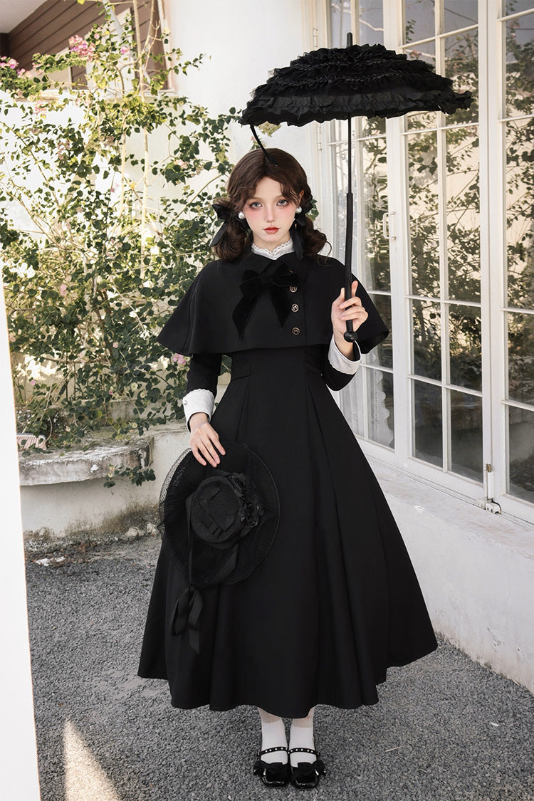 Black [Miss Donya] Stand Collar Long Sleeves Bow Gothic Elegant Lolita OP Dress
