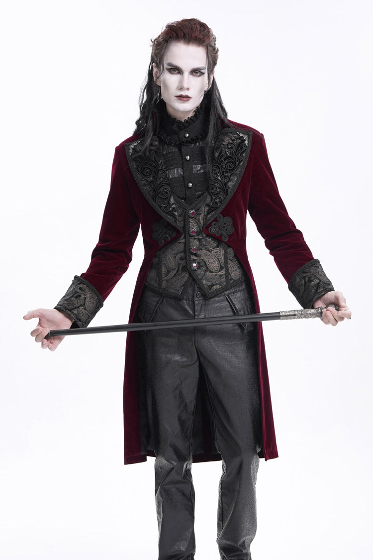 Wine Red Long Sleeves Button Floral Embroidery Men's Gothic Jacket