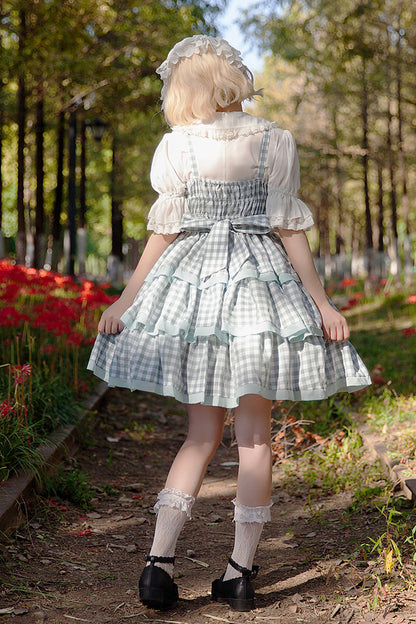 Blue [Cloth Cat] Triple-Layered Plaid Print Ruffle Bowknot Sweet Lolita Dress 2 Colors