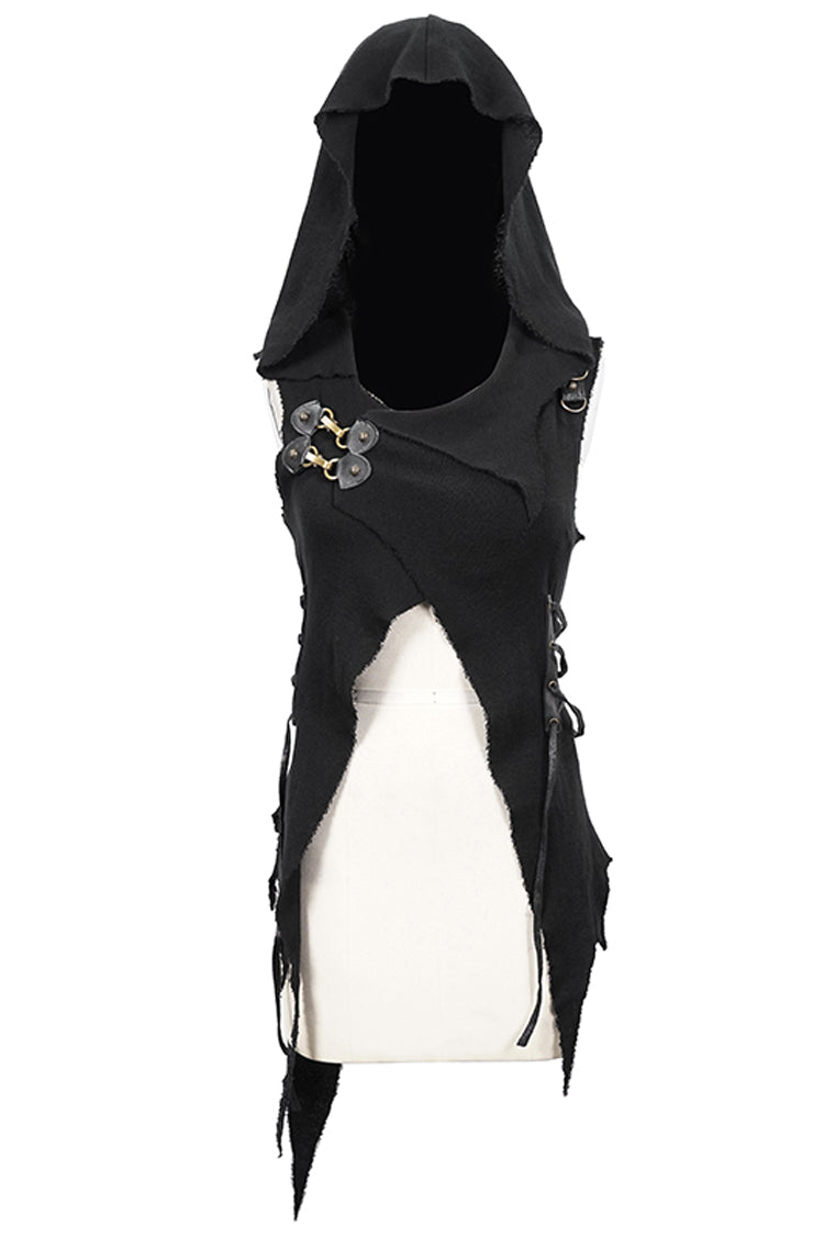 Black Sleeveless Irregular Hooded Womens Gothic Vest