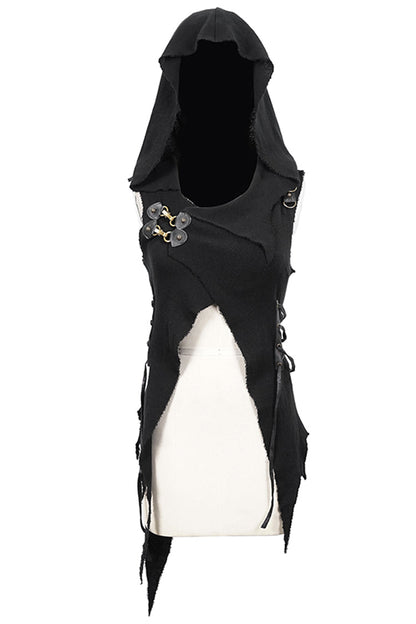 Black Sleeveless Irregular Hooded Womens Gothic Vest