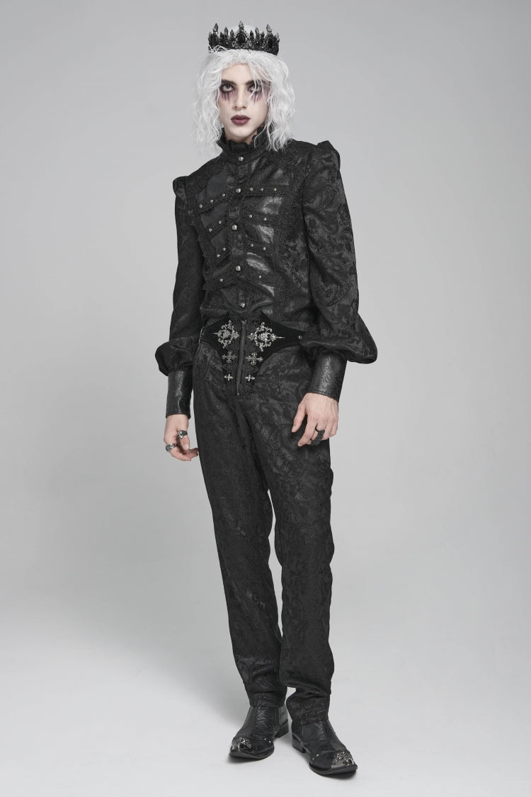 Black Stand Collar Long Lantern Sleeves Floral Print Embroidery Men's Gothic Blouse