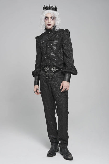 Black Stand Collar Long Lantern Sleeves Floral Print Embroidery Men's Gothic Blouse