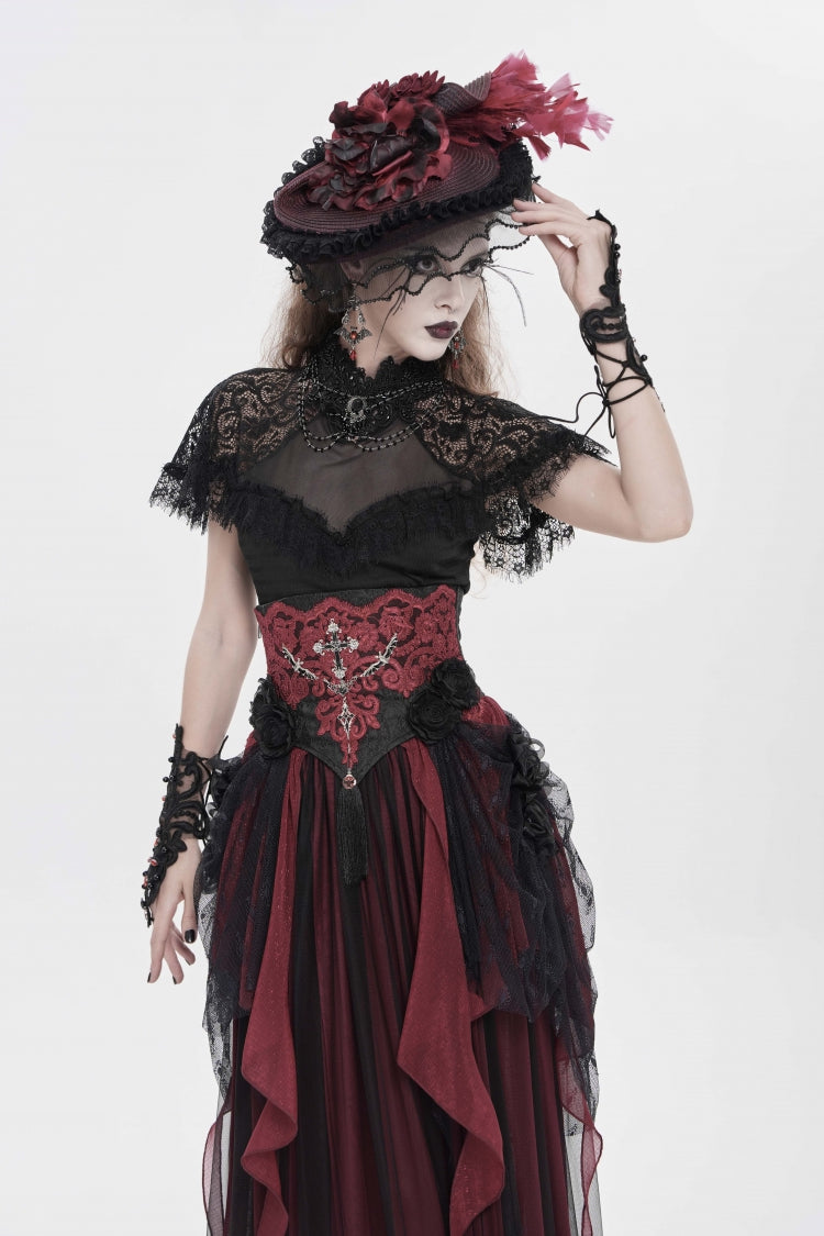 Black/Red Embroidered Lace Women's Gothic Underbust Corset Embroidered Rose Cross Underbust Corset