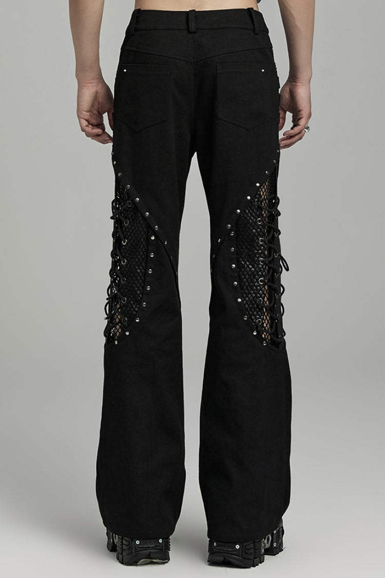 Black Stitching Lace-Up Mesh Men's Gothic Flared Pants