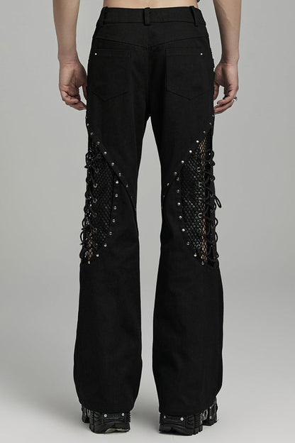 Black Stitching Lace-Up Mesh Men's Gothic Flared Pants