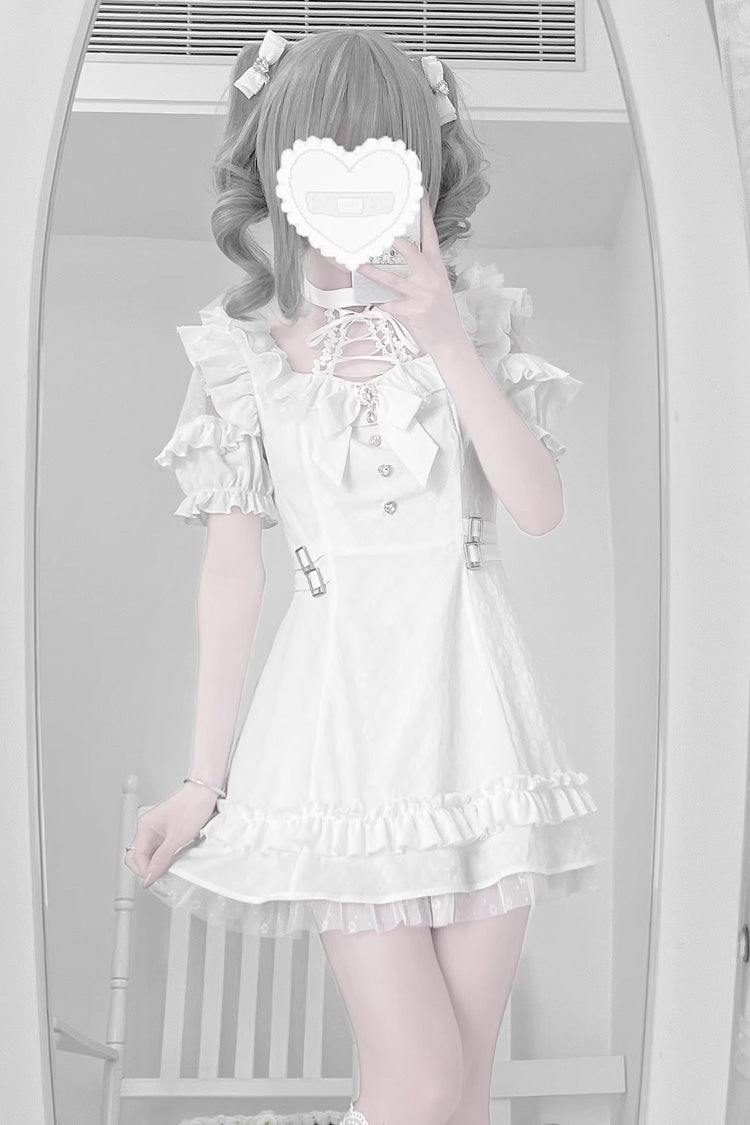 Black/White Halterneck Short Sleeves Ruffle Bowknot Lace Jirai Kei Japanese Dress 2 Colors
