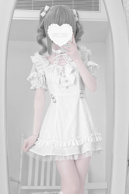 Black/White Halterneck Short Sleeves Ruffle Bowknot Lace Jirai Kei Japanese Dress 2 Colors