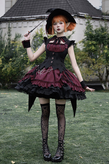 Black/Red [Potions] Sleeveless Triple-Layered Ruffle Bowknot Lace Gothic Lolita Dress 2 Colors