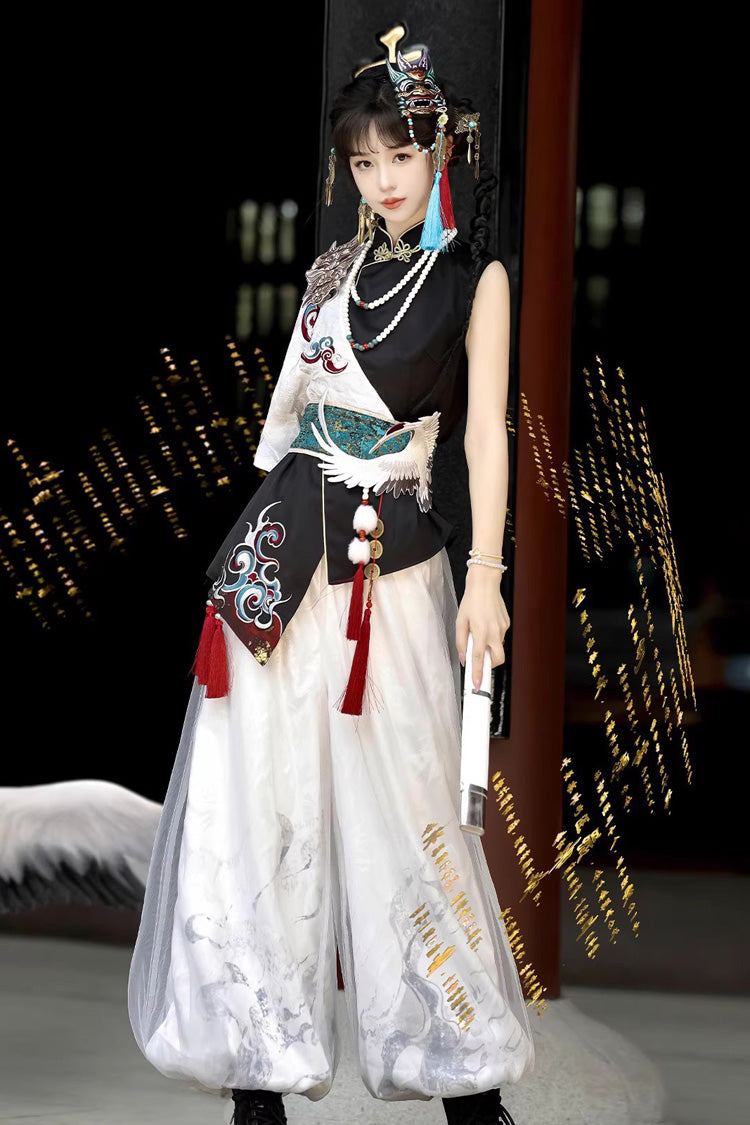 Black/White Stand Collar Single Long Sleeve Printed Embroidered Asymmetric Chinese Style Ouji Set