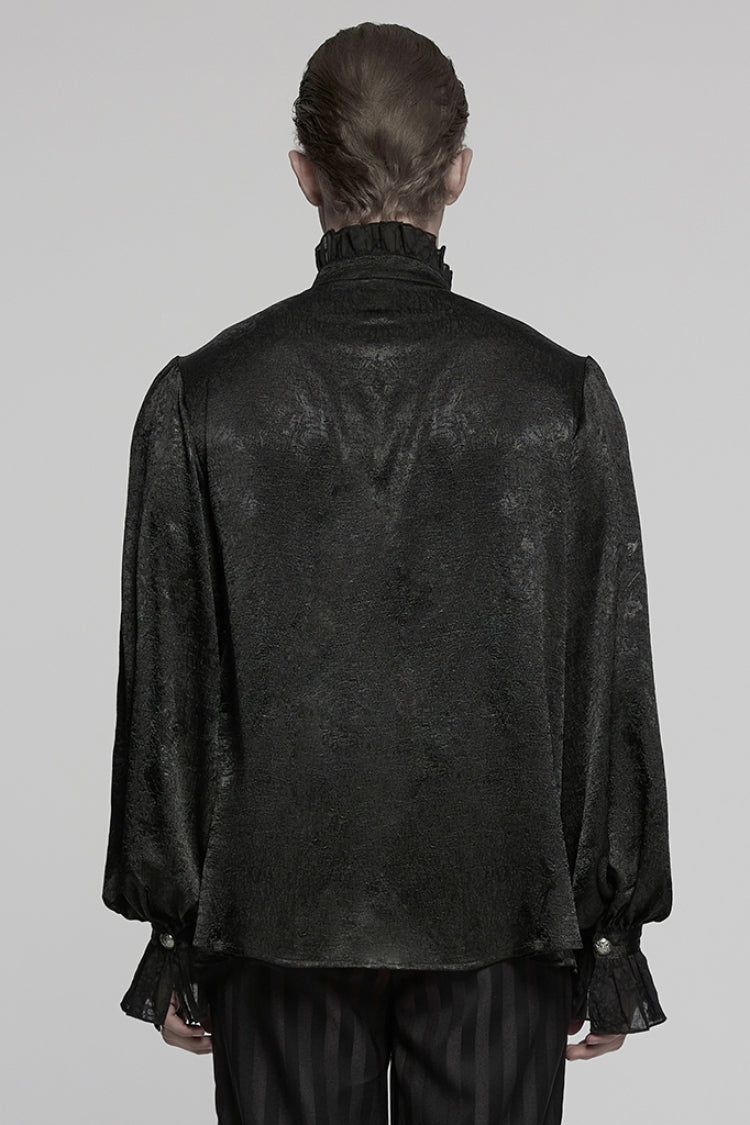 Black Stand Collar Long Puff Sleeves Jacquard Ruffle Embroidery Men's Gothic Blouse