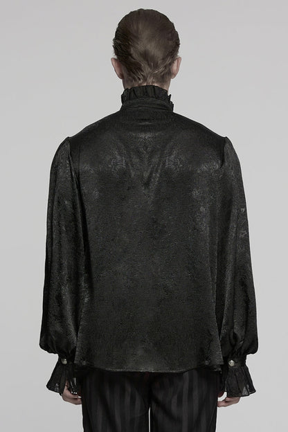 Black Stand Collar Long Puff Sleeves Jacquard Ruffle Embroidery Men's Gothic Blouse