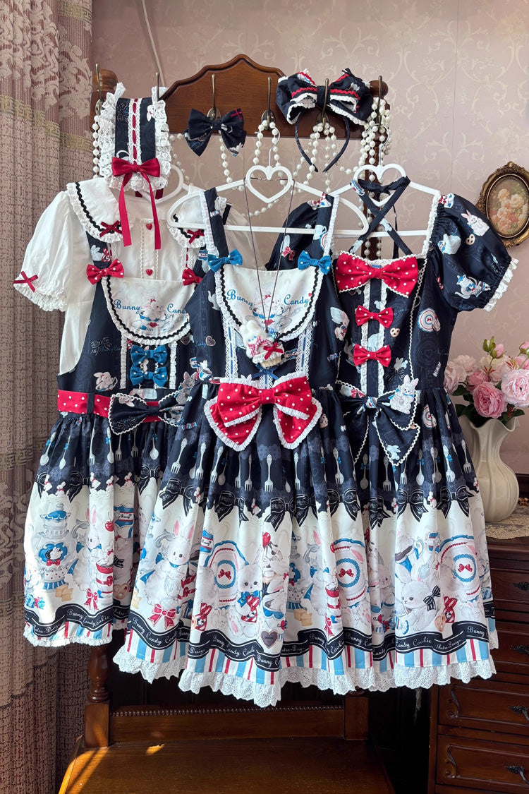 Black [Mystery Rabbit Tea Party] Sleeveless Print Ruffle Bowknot Lace Sweet Lolita Jsk Dress