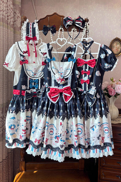 Black [Mystery Rabbit Tea Party] Sleeveless Print Ruffle Bowknot Lace Sweet Lolita Jsk Dress