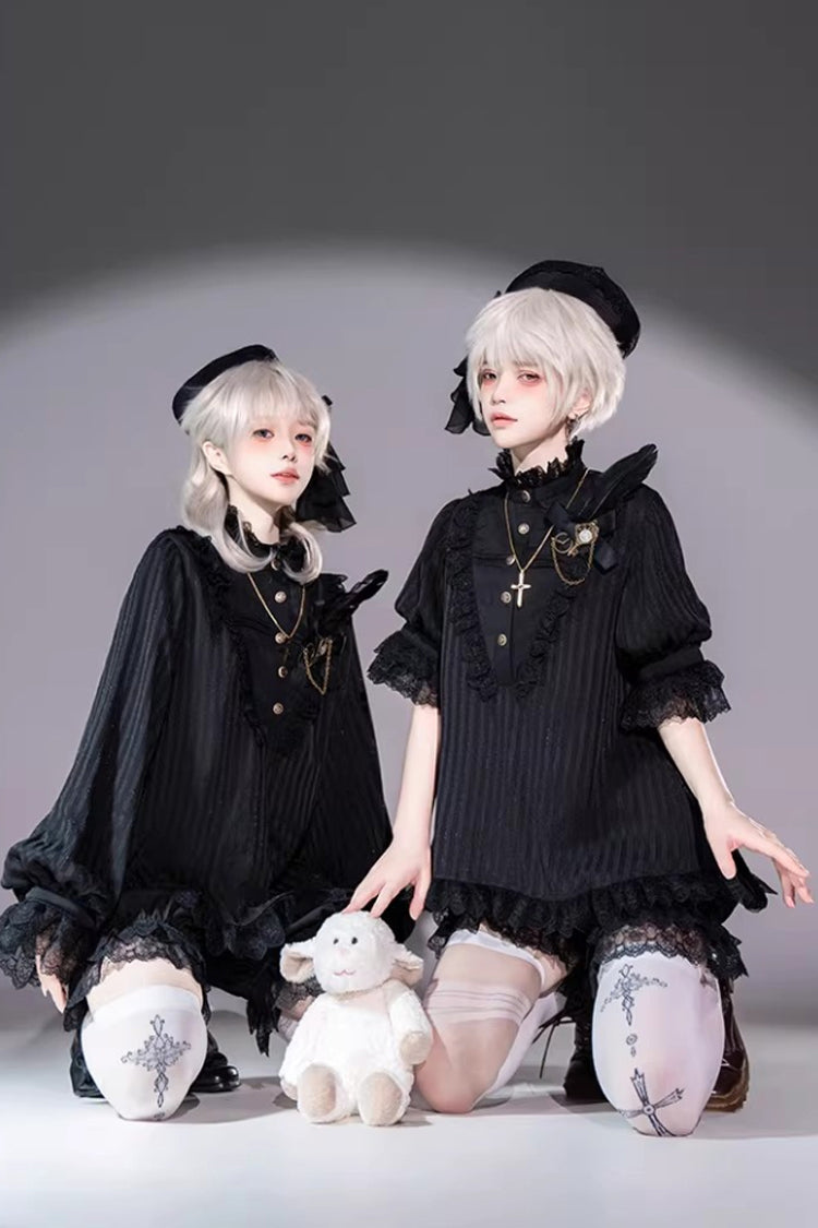 Black Stand Collar Long Short Sleeves Printed Ruffled Lace Gothic Ouji Lolita Set 2 Versions